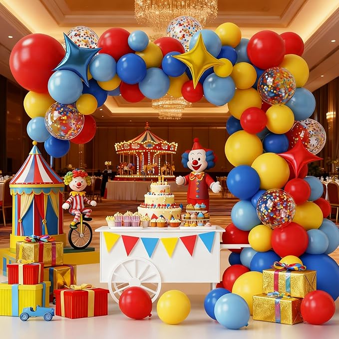 RUBFAC Carnival Circus Theme Party Decorations, Primary Color Balloon Arch Kit, 120pcs Red Blue Yellow Party Balloons Rainbow Confetti and Star Foil Balloons for Birthday Carnival Theme Decorations