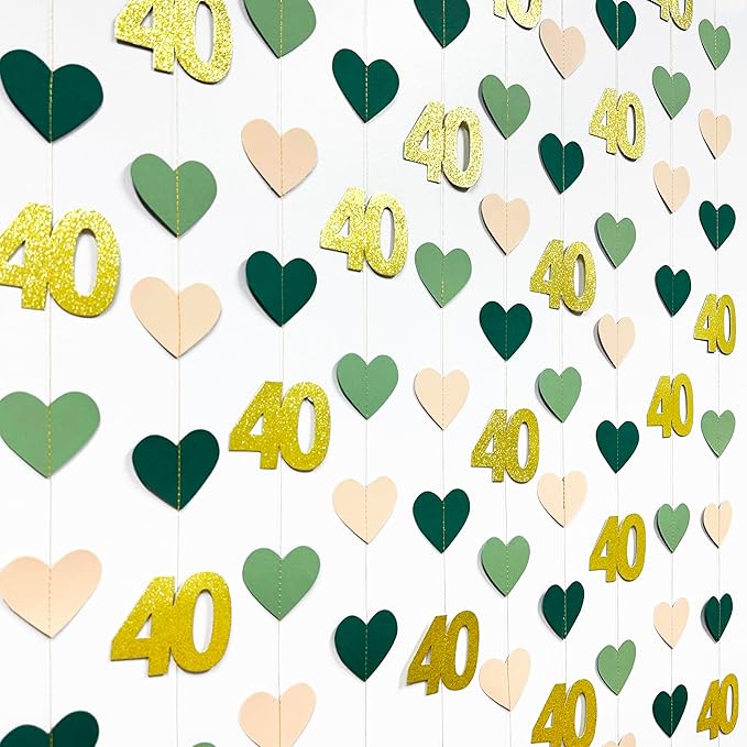 Sage Green Gold 40th Birthday Decorations Sage Green Gold Heart Garland Streamer Banner Backdrop for Women Happy 40th Birthday Vintage 1986 Cheers to 40 Years Old Fabulous Anniversary Party Supplies