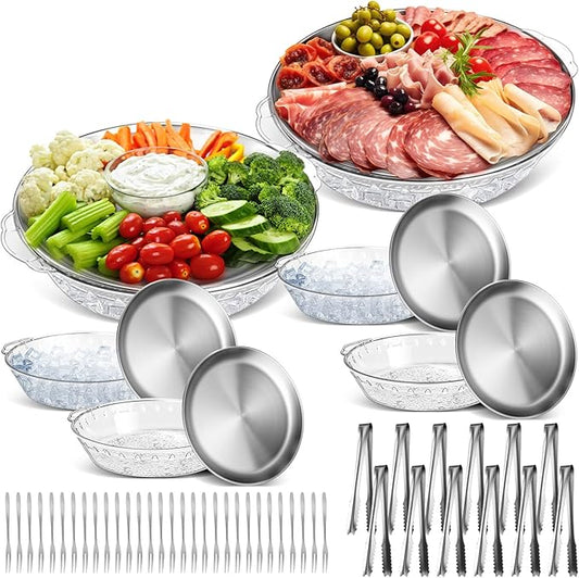 Baderke 6-Pack 11.8" Chilled Serving Tray Set with Ice Underneath, Stainless Steel Clip, Fruit Fork; Modern Round Iced Platter for Parties, Shrimp Cocktail, Oysters, Crawfish, Fruits