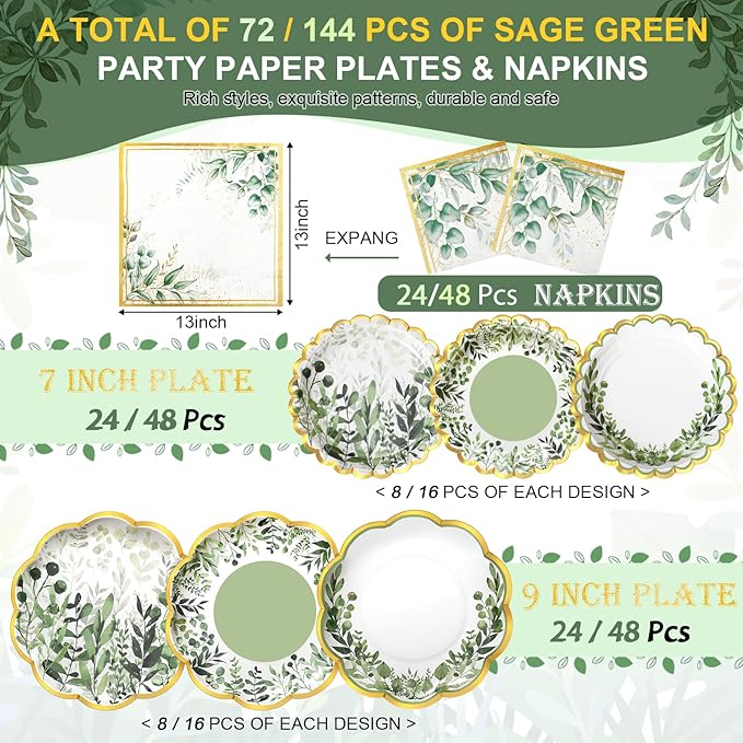 144 Pcs 48 Guests Sage Green Party Plates and Napkins Scalloped Green Eucalyptus Paper Plates Napkins Disposable Tableware for Birthday Bridal Baby Shower Wedding Decorations Party Supplies