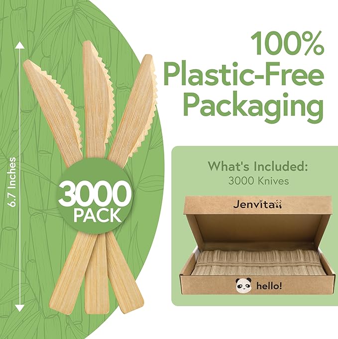 100% Bamboo Knives Set - Biodegradable Cutlery Sets (3000 Eco Friendly Knives) | Bamboo Silverware Disposable or Reusable | Compostable FSC Certified Flatware for Weddings, Camping & Parties