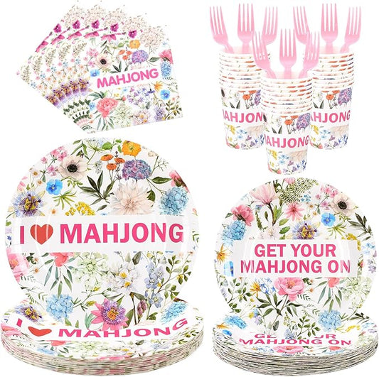 Yungyan 196pcs Mahjong Party Decorations Mahjong Themed Paper Tableware Set Colorful Floral Plates Napkins Forks Dinnerware for Home Special Events Game Night Party Supplies Birthday Serves 24 Guests