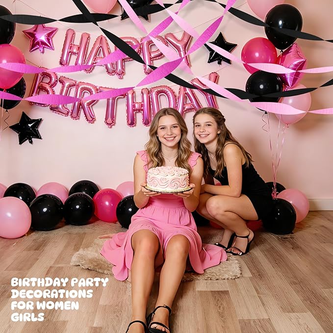 AOYOO Crepe Paper Streamers, 6 Rolls Light Pink Hot Pink and Black Party Streamers, Chic Pink and Black Party Decorations for Girls Birthday, Bachelorette, Sweet 16 and Y2K Party Supplies