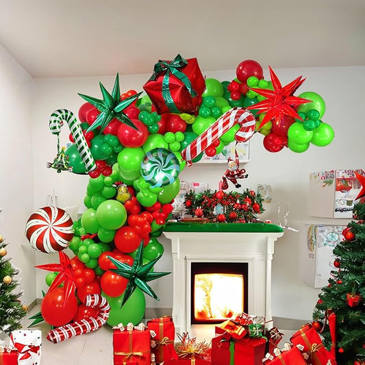 Christmas Balloon Garland Kit 120pcs Xmas Red Green Balloons with candy cane Christmas tree gift box Balloons for Kids Grinchmas Party Naughty Christmas Birthday Decorations