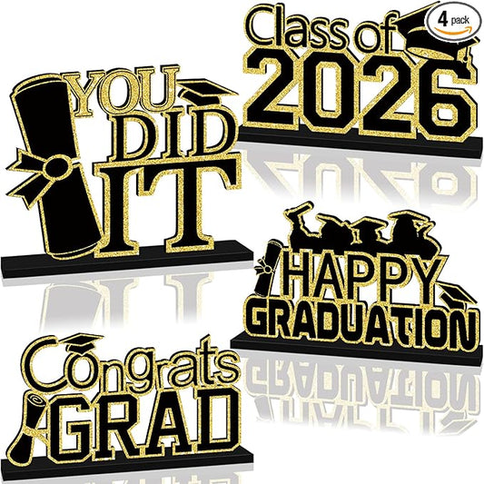 4Pcs Black and Gold Graduation Decorations Class of 2026 Congrats Grad Wooden Table Centerpieces Grad Table Toppers Congratulate Tiered Tray Decor for 2026 Graduation Decorations
