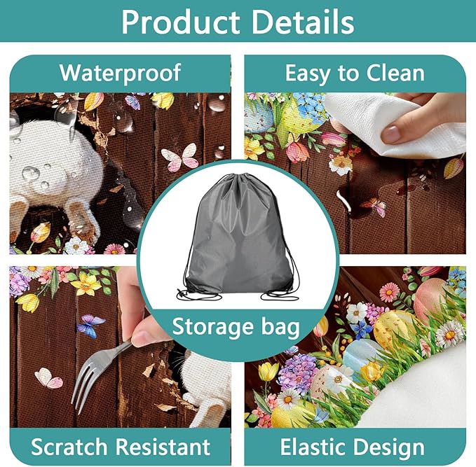Easter Picnic Table Cover with Bench Covers Elastic Edges, Cute Bunny Flower Brown Wood Fitted Table Cover, Outdoor Patio Camping Essentials, Waterproof Camping Fitted Tablecloth, 3PCS, 30x60 Inch