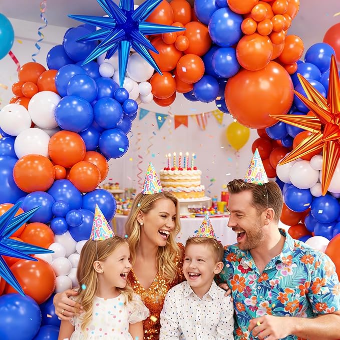 Blue and Orange White Balloon Arch Kit, 145Pcs Royal Blue Orange WhiteBalloon Garland kit, Different Size Balloons for Girl Birthday Anniversary Baby Shower Graduation Prom Party Decorations