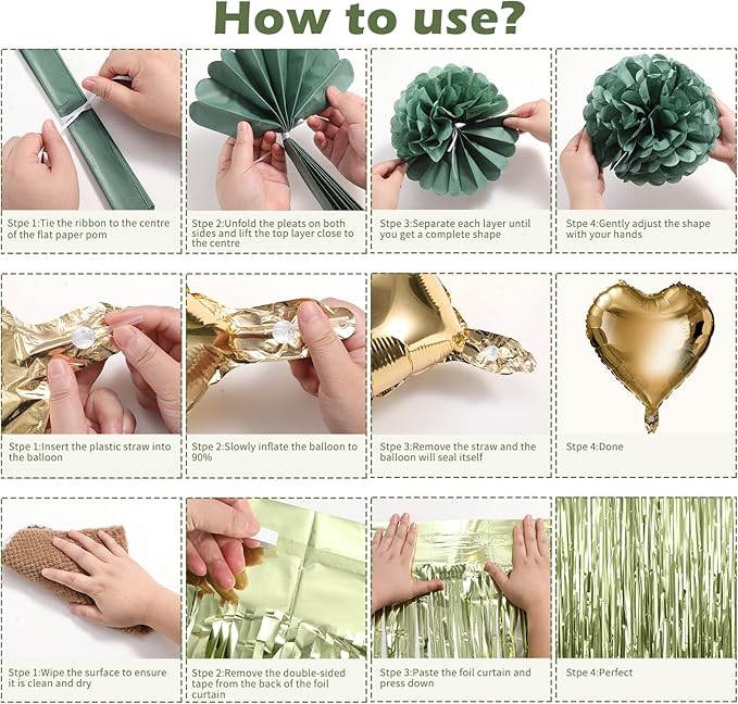 Sage Green Birthday Decorations for Women, Happy Birthday Party Decorations, Happy Birthday Banner, Green Balloons, Foil Fringe Curtains, Tissue Paper Pompoms, Heart Garland, Party Decor for Girls