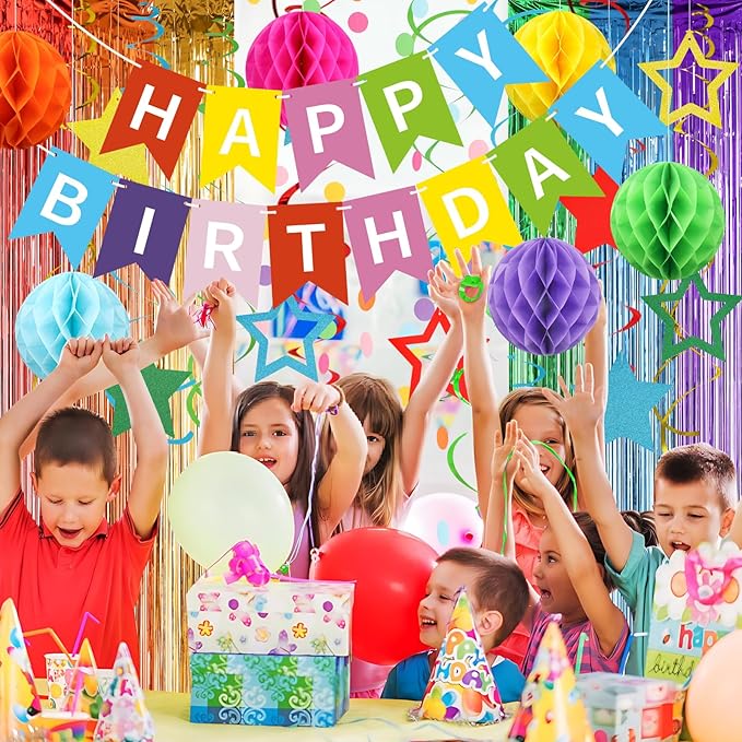 ZERODECO Birthday Decorations, Happy Birthday Banner with Paper Honeycomb, Star Hanging Swirl, Fringe Curtain, Garland, Party Decorations for Women Men Boys Girls (Multicolored)