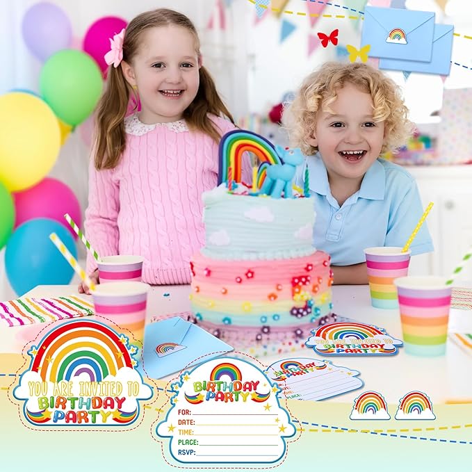 Hotop 24 Sets Rainbow Birthday Invitations with Envelopes and Stickers FOR GIRLS Party Invitations for Kids Birthday Baby Shower Party