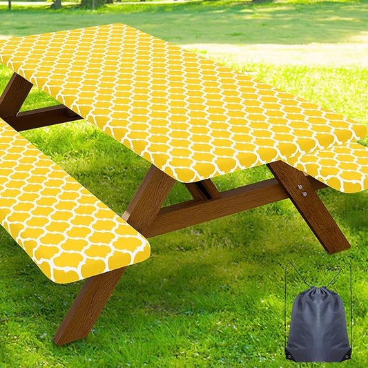 Smiry Picnic Table Cover with Bench Covers, Waterproof Elastic Fitted Tablecloth for 8 Foot Tables, Washable Polyester Tablecloths for Camping, Indoor & Outdoor (Yellow, 30x96 Inch 3-pc Set)