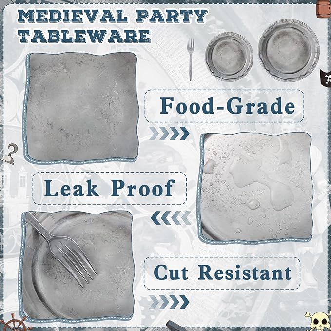 Jingmore 180 Pcs Medieval Party Supplies Disposable Pewter Paper Plates and Forks Tableware Set for Pirate Knight Castle Halloween Decorations Dinner Silver Grey 9" and 7'' Serves 60(Design Style)
