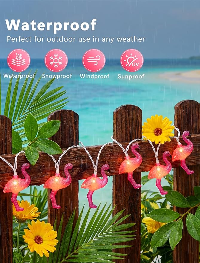 Flamingo String Lights, 12FT 20 LED Summer String Lights with UL Certified Plug, Waterproof Tropical Party Decorations for Patio, Warm White Hawaiian String Light for Garden Backyard Bedroom Decor