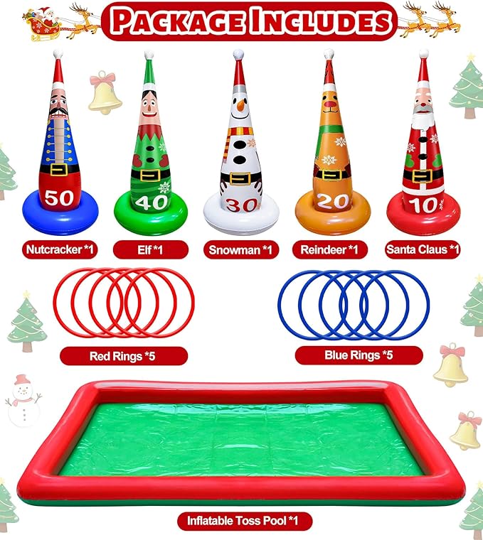 16 PCS Christmas Ring Toss Game Set for Kids Adults Santa Snowmen Elf Reindeer Nutcrackers Inflatable Christmas Games Family Toys for Home Xmas Carnival Party Supplies Favors Indoor Outdoor Decoration