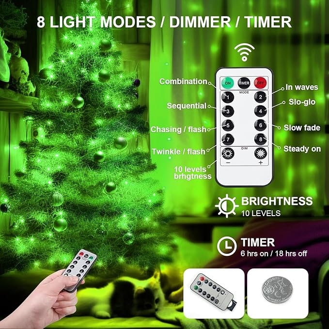 Aogist 50LED Fairy Lights 16ft Dual Power(USB/Battery) with Remote & Timer, 8 Modes Flexible Copper Wire Waterproof String Lights for Outdoor Christmas Wedding Bedroom Party Decor-1 Pack,Green