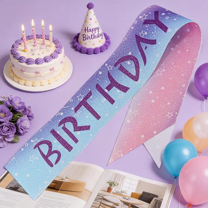 Canitor Kpop Theme Birthday Decorations Soft Satin Birthday Girl Sash for Women Dress Outfits Party Favors Accessories (star gradient+purple words)