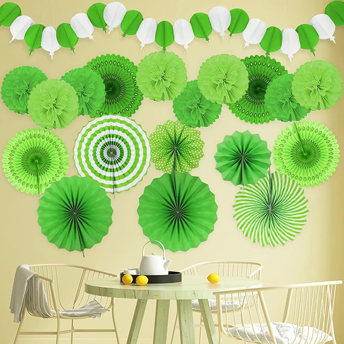 Green Party Decorations, Papar Fans Pompoms Fans Garlands for Birthday Wedding Graduation Summer Forest Carnival St.Patrick's Irish Party Decorations
