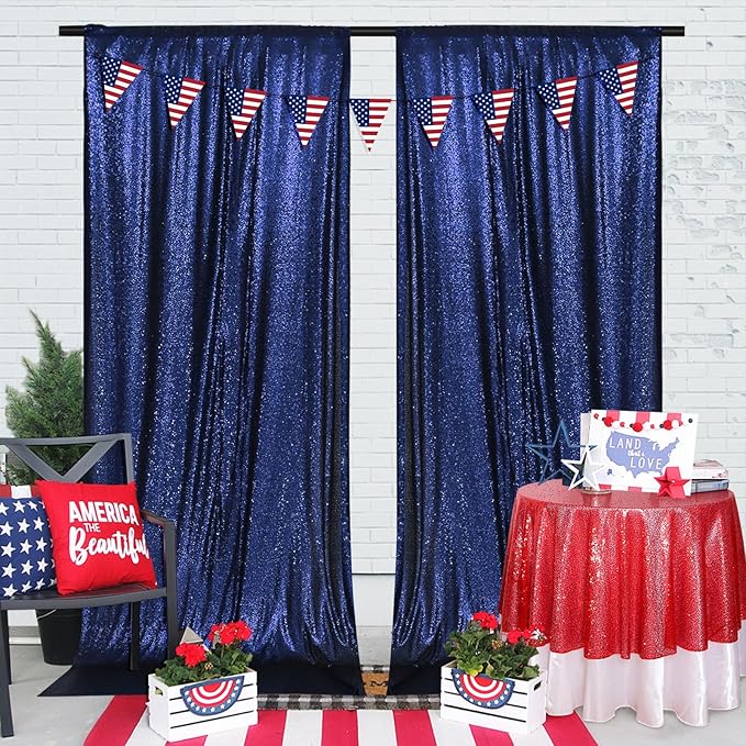PartyDelight Navy Blue Sequin Backdrop 5x10ft 2 Panels - High Density 3mm Shimmer Sequin Background for Independence Day, Wedding, Stage & Event Decor