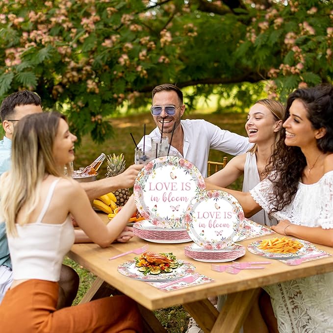 96 pcs Love Is In Bloom Bridal Shower Plates Napkins Sets Pink Floral Bridal Shower Party Supplies Love In Bloom Tableware Party Decoration for Engagement Wedding Decor Serves 24 Guests