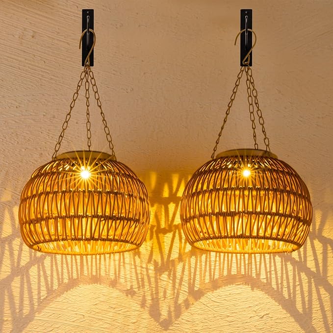 Hanging Solar Outdoor Lanterns Waterproof, Rattan Lights Hanging for Outside, Chandelier Solar Outdoor Idea for Gazebo Pergola Porch Patio Yard Garden Pathway Decor, 2 Pack