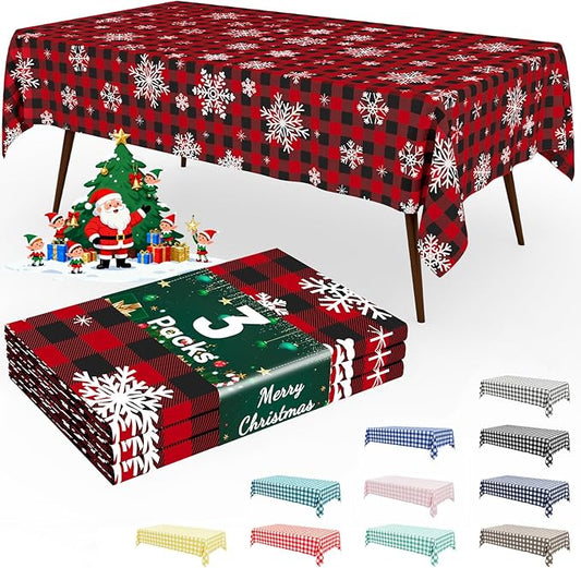 Smiry 3 Pack Gingham Disposable Table Cloth, 54 x 108 Inch Waterproof Plastic Tablecloth, Rectangle Red Checkered Snowflake Table Covers for Christmas, Birthday, Party, Banquet