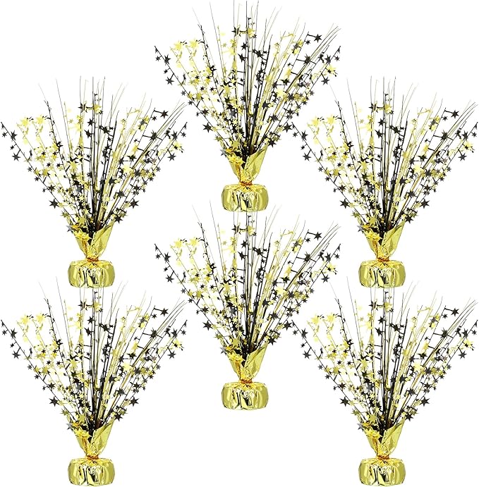 Crowye 6 Pcs Metallic Foil Spray Centerpiece Party Star Decoration Table Decor for Birthday Wedding Graduation Bachelorette Spring Party Holiday(Black Gold,Small Star)