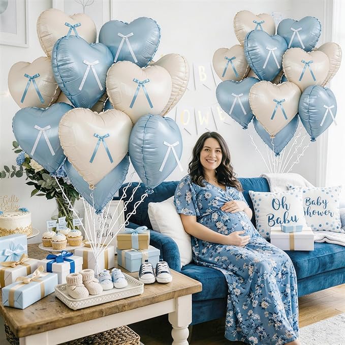 Blue White Heart Balloons with Ribbon Bow, 10 Pcs Baby Blue Cream Heart Shape Foil Balloons, 18 Inch Helium Balloon with Bow Decoration for Boy Baby Shower Baptism Brithday Bridal Shower Party Decor