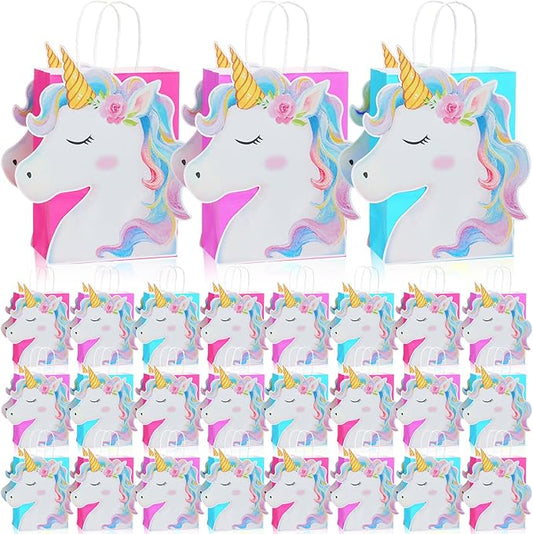Kolldenn 24 Pack Unicorn Party Favor Bags Goody Bags 3 Colors with 48 Pcs Cardstocks and Handles for Unicorn Birthday Party Gift Goody Treat Candy for Unisex Favors