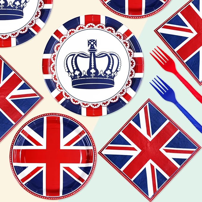 96 Pcs British Flag Birthday Party Supplies Britain UK England Flag Party Plates and Napkins Disposable Union Jack Tableware Set for UK Flag British Party Decorations Birthday Family Gathering Serve24