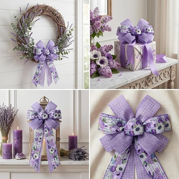 Spring Summer Purple Floral Wired Ribbon, 2.5 InchX 15 Yards Burlap Ribbon for Wreath, Bows, Gift Wrapping, Mother's Day, Wedding & DIY Craft (Purple)