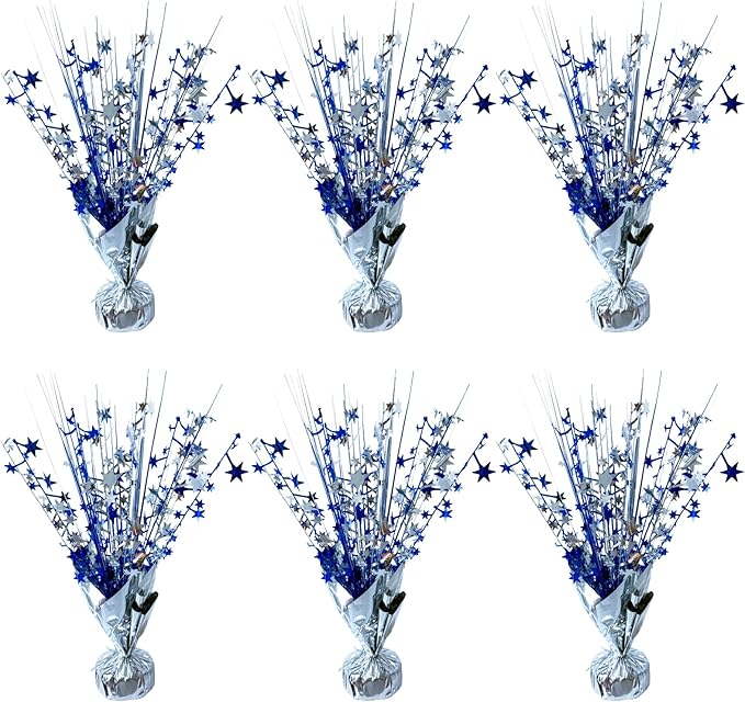FUBININA 6 Pack Metallic Foil Spray Centerpiece Star Table Decoration Burst Table Centerpieces for Birthday Wedding Anniversary Graduation Holiday Party Supplies Decor, Silver Blue