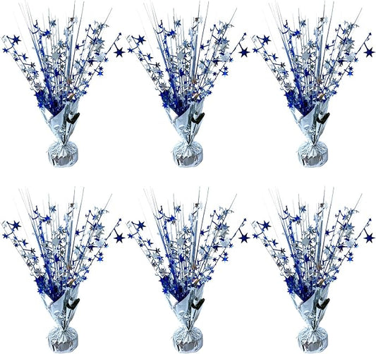 FUBININA 6 Pack Metallic Foil Spray Centerpiece Star Table Decoration Burst Table Centerpieces for Birthday Wedding Anniversary Graduation Holiday Party Supplies Decor, Silver Blue