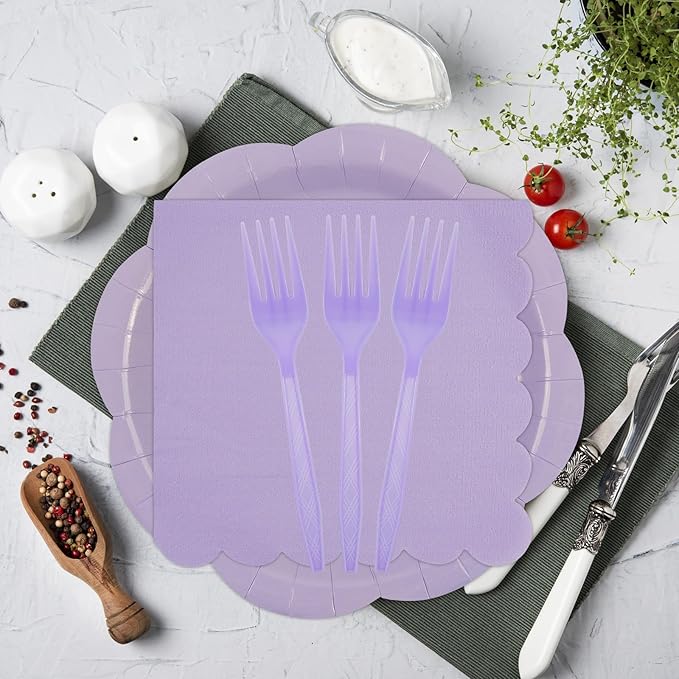 75 PCS Purple Paper Plates and Napkins Party Supplies, Light Purple Scalloped Plates Napkins Forks Disposable Tableware Set for Bridal Baby Shower Wedding Birthday Party Decorations