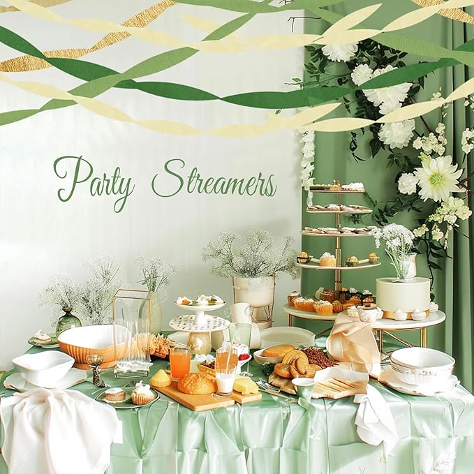Birthday Party Decorations, Green Gold Crepe Paper Streamers Party Decorations(5 Rolls) for Camp Bachelorette, Baby Shower, Bridal Shower, Engagement- Wild Jungle Woodland Safari Forest Theme Decor