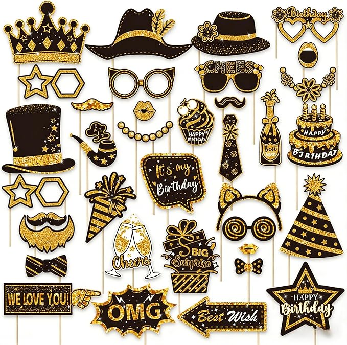38 Pcs Birthday Photo Booth Props Kits Graduation New Year Wedding Party Favors Black and Gold 40th 50th 60th 70th 80th Happy Birthday Anniversary Party Supplies