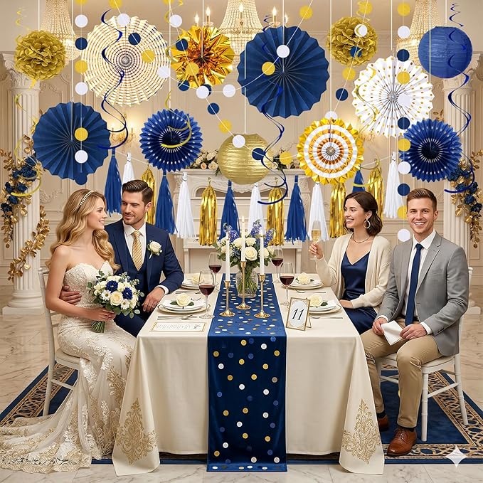 MEIDUO 34 Pcs Blue and Gold Party Decorations, Hanging Paper Lanterns Fans Pom Poms Set, 2026 Blue and Gold Graduation Decorations Supplies, Royal Birthday Decor for Men Boys