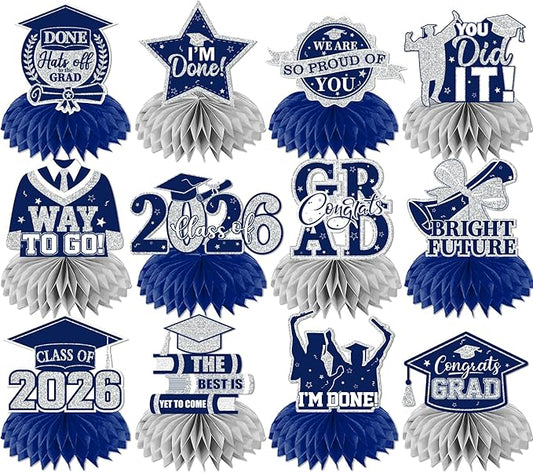 12pcs Graduation Table Decorations,Silver and Navy Blue Graduation Decorations 2026 Graduation Centerpieces for Tables,Class of 2026 Centerpieces Honeycomb for Congrats Grad Table Decor (Navy Blue)