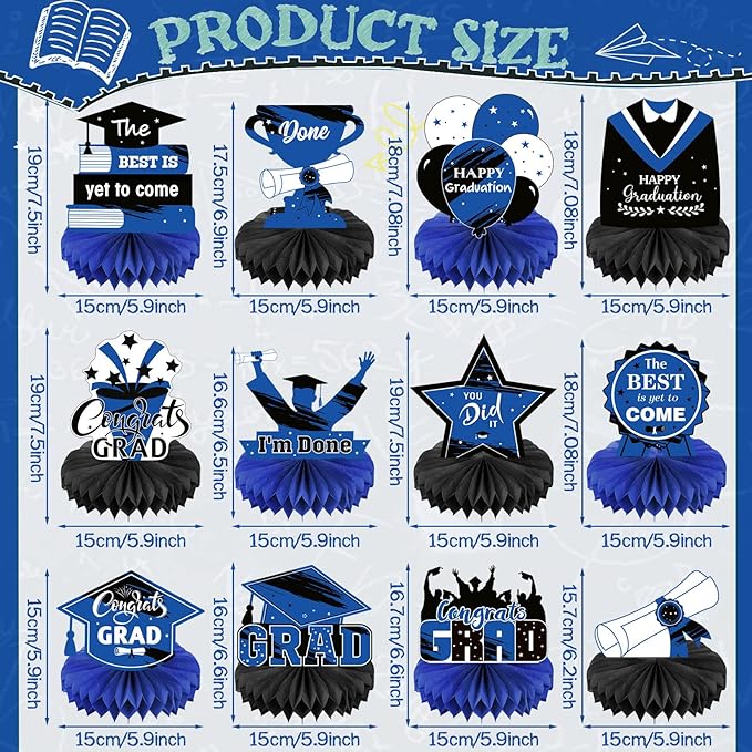 Honoson 12 Pcs 2026 Graduation Party Decorations Class of 2026 Congrats Grad Table Centerpieces Congratulate Graduation Honeycomb Table Toppers for Grad Party Favor Supplies(Blue, Black)