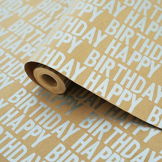 MAMUNU Birthday Wrapping Paper Roll, Silver and Brown Kraft Happy Birthday Wrapping Paper Jumbo Roll for Boys Girls Women Men, 17x590 inch (70 sq. ft.)