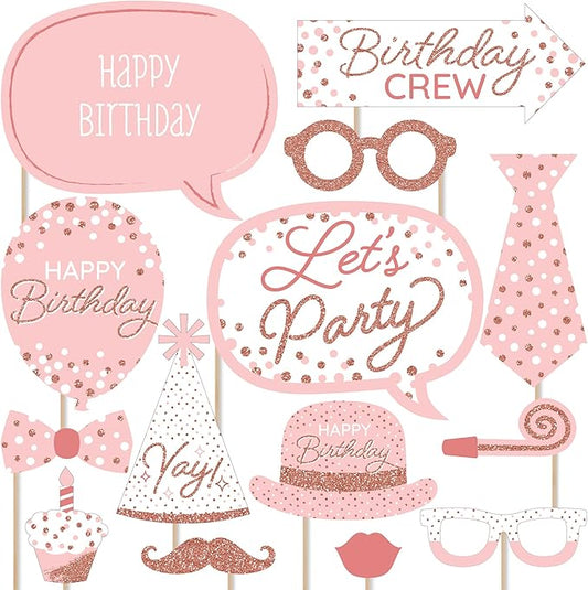 Big Dot of Happiness Pink Rose Gold Birthday - Happy Birthday Party Photo Booth Props Kit - 20 Count