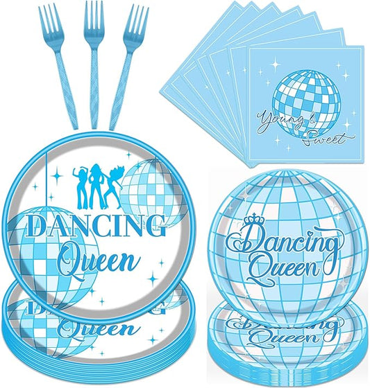 Dancing Party Decorations 17, 96PCS Queen 17th Paper Plates Party Supplies Decor, Disposable Blue Disco Napkins Forks Tableware Set for Girls Birthday Decor