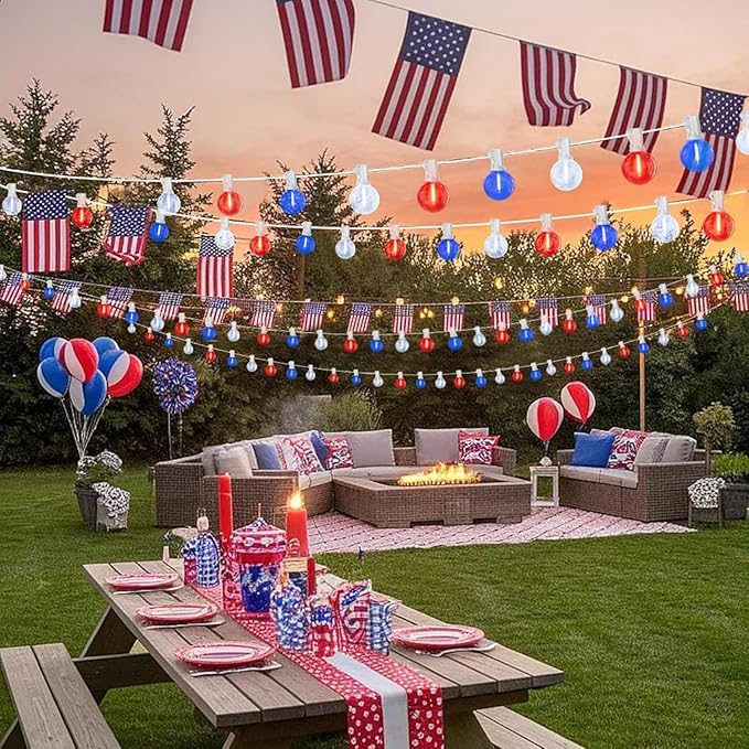 LAMPHOME 4-Pack 26Ft Outdoor Red White Blue String Lights, Patriotic Patio Light with 12+1 Edison Bulbs, LED Shatterproof String Lights for Outside Bistro Christmas Patio Party Decorations