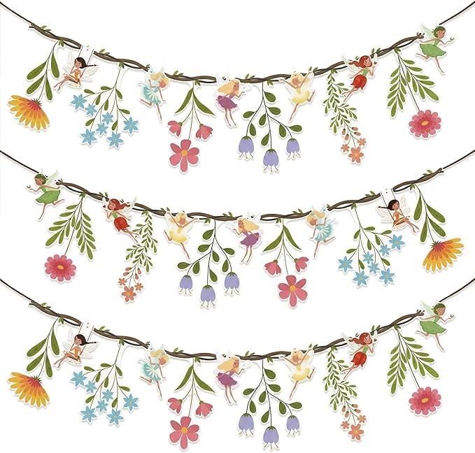 48Pcs Flower Fairy Banner Decorations Floral Designs Wildflower Garland – with 5m Jute Rope, for Baby Shower, Wedding, Easter Backdrop, Enchanted Garden Party Supplies (Fairy)