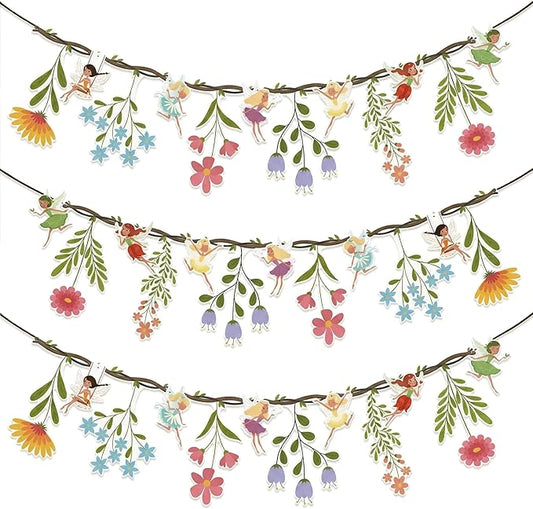 48Pcs Flower Fairy Banner Decorations Floral Designs Wildflower Garland – with 5m Jute Rope, for Baby Shower, Wedding, Easter Backdrop, Enchanted Garden Party Supplies (Fairy)