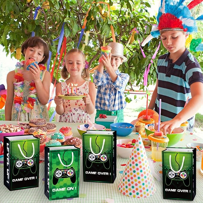 WERNNSAI Video Game Party Favor Bags - 16 Pack Gaming Birthday Party Decorations for Kids Boys Green Game Goodie Bags with Handles Game On Birthday Party Supplies for Baby Showe Anniversary
