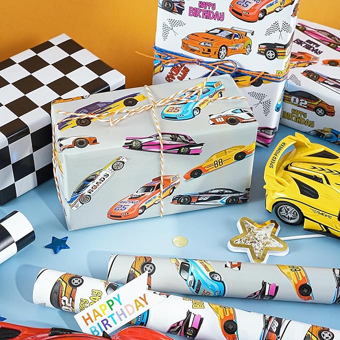 WRAPAHOLIC Racing Car Birthday Wrapping Paper - Mini Roll - 3 Rolls - 17 Inch x 120 Inch - Checkered Flag Car Wrapping Paper for Kids Boys Birthday, Baby Shower