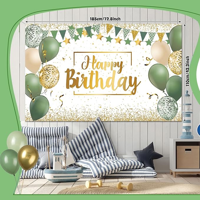 Tatuo Sage Green Birthday Confetti Balloons Kit Set Photography Backdrop Banner Package for Boys Girls Men Women Birthday Party Decorations Supplies Rustic Boho Favors (Green and Gold)