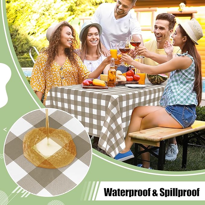 misaya 9 Packs Buffalo Disposable Table Cloth, 54 x 108 Inch Waterproof Plastic Tablecloth, Rectangle Khaki and White Checkered Table Covers for Picnic, Birthday, Party