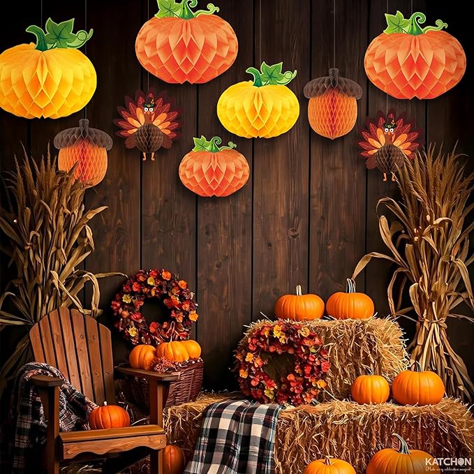 KatchOn, Thanksgiving Hanging Decorations - Pack of 9 | Turkey Centerpieces, Thanksgiving Decorations Indoor | Turkey Decorations, Pumpkin Decorations | Friendsgiving Party Decorations, Harvest Décor
