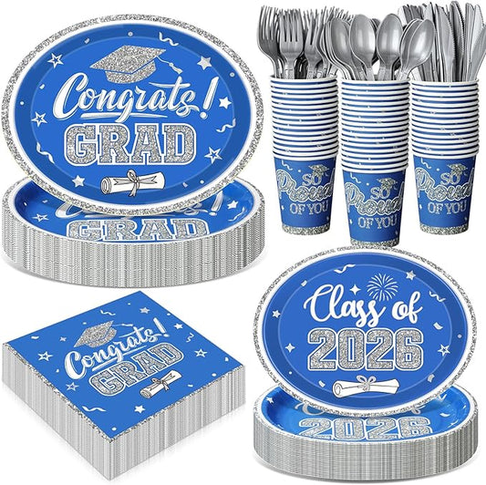 Pajean 350 Pcs Blue and Silver Graduation Decorations Class of 2026 Disposable 12 inch Oval Plates Napkins Heavy Duty Paper Oval Tableware Set for 50 Guests College High School Grad Party Supplies